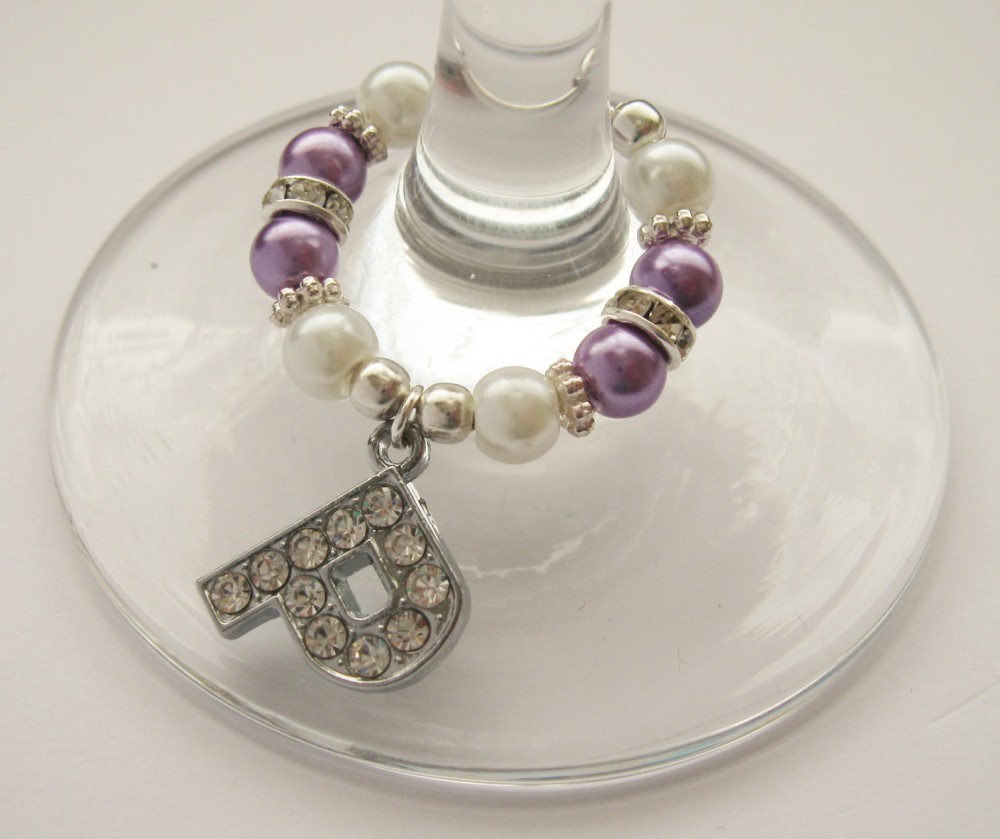 Lilac & White Rhinestone & Pearl Initial Wine Glass Charm