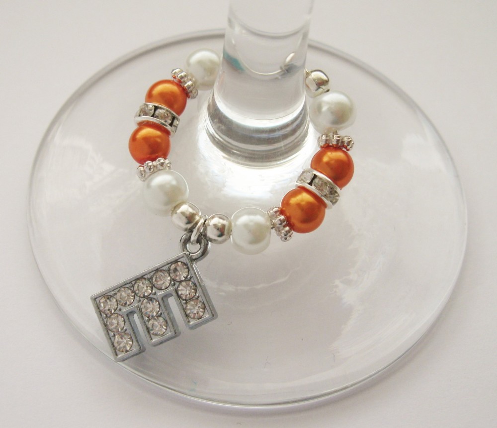 Orange & White Rhinestone & Pearl Initial Wine Glass Charm