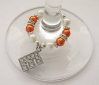 Orange & White Rhinestone & Pearl Initial Wine Glass Charm - CC1264