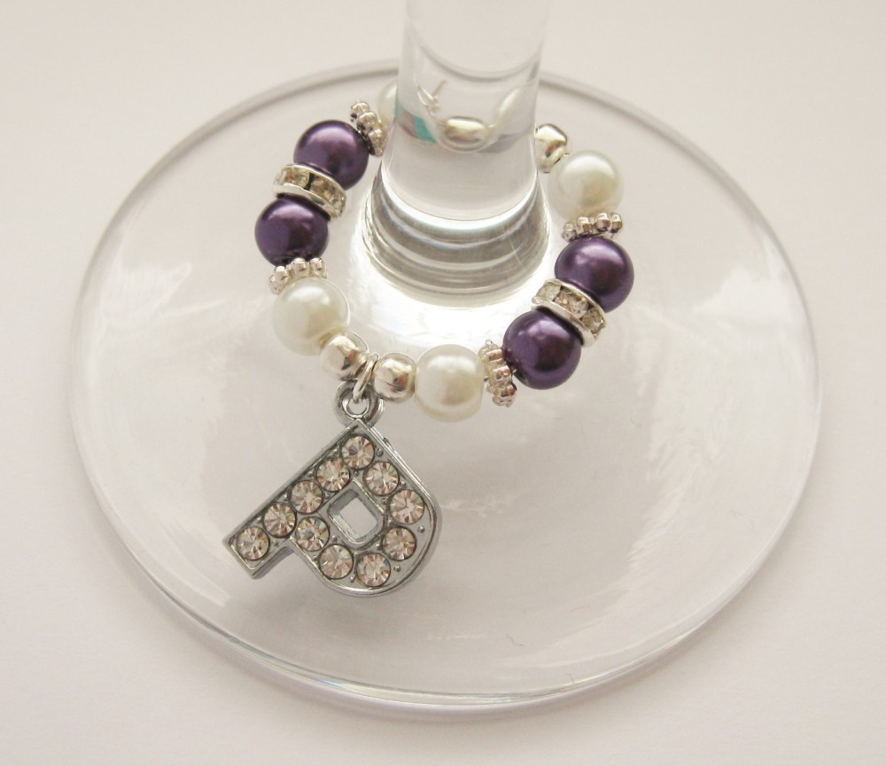 Purple & White Rhinestone & Pearl Initial Wine Glass Charm