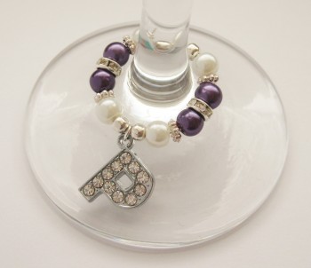 Purple & White Rhinestone & Pearl Initial Wine Glass Charm - CC1265