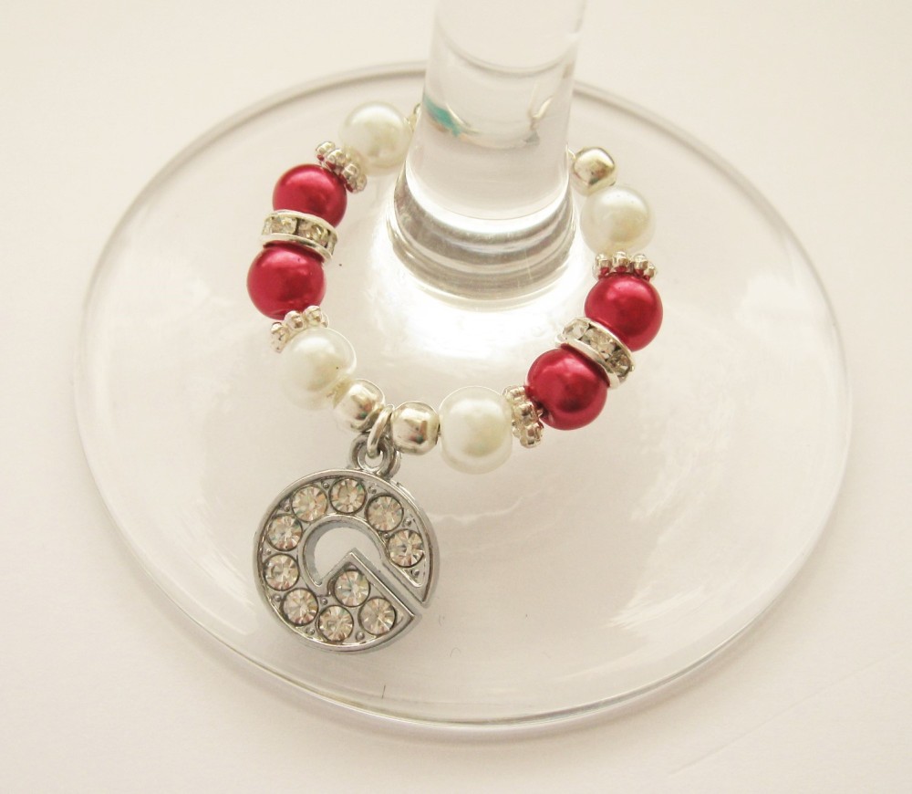 Red & White Rhinestone & Pearl Initial Wine Glass Charm