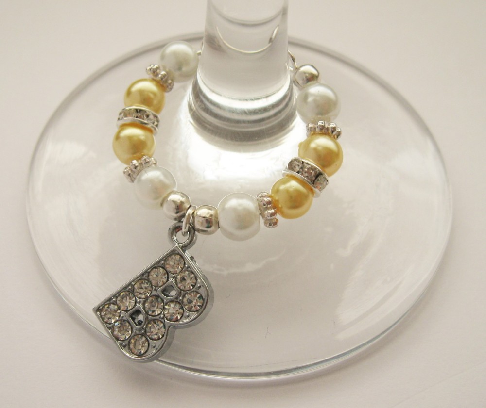 Yellow & White Rhinestone & Pearl Initial Wine Glass Charm