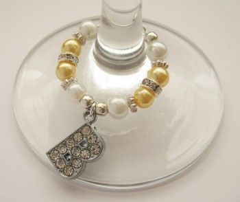 Yellow & White Rhinestone & Pearl Initial Wine Glass Charm - CC1270