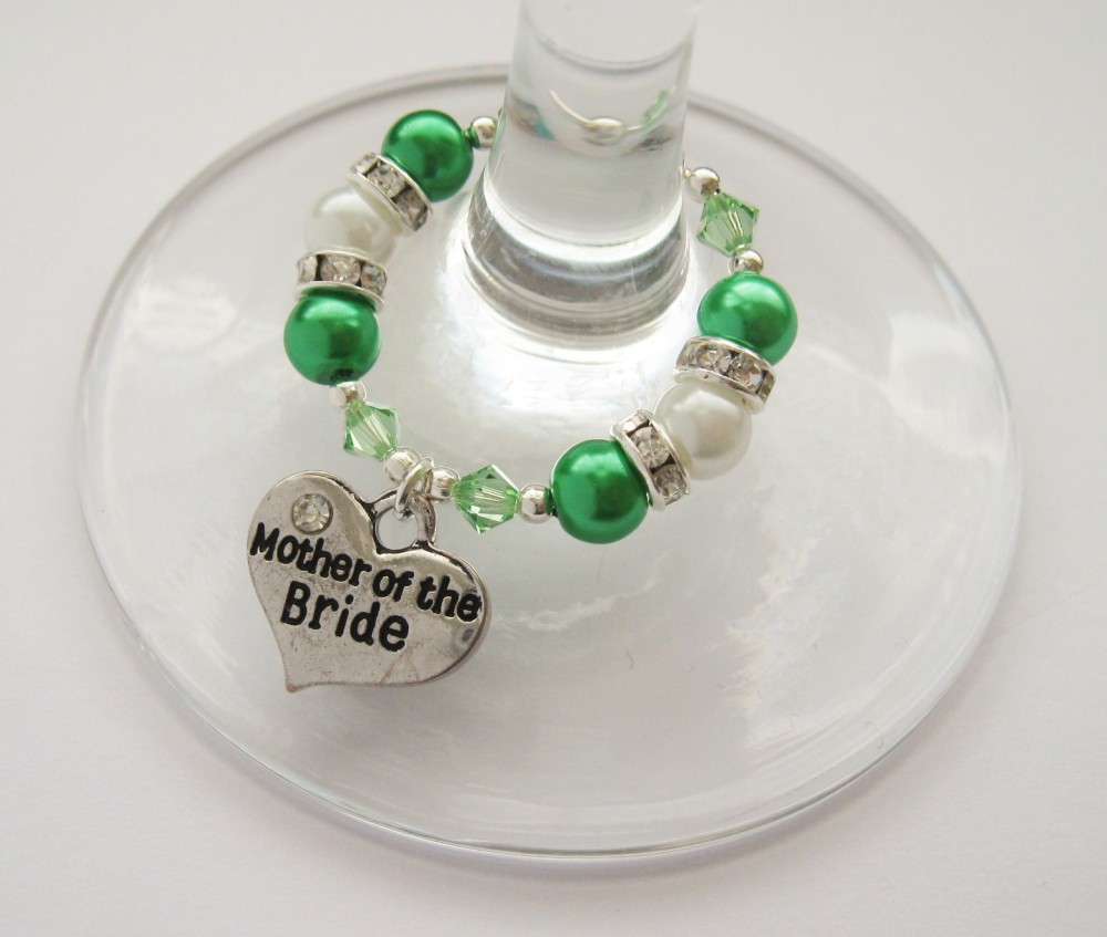Peridot Green Swarovski Crystal & Pearl Bridal Party / Top Table Wine Glass Charm - CC1278