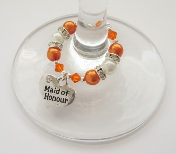 Sun Orange Swarovski Crystal & Pearl Bridal Party / Top Table Wine Glass Charm - CC1280
