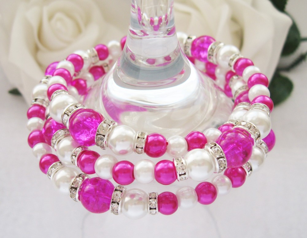 Fuchsia and White Pearl & Crystal Wrap Around Style Bracelet - CC1288