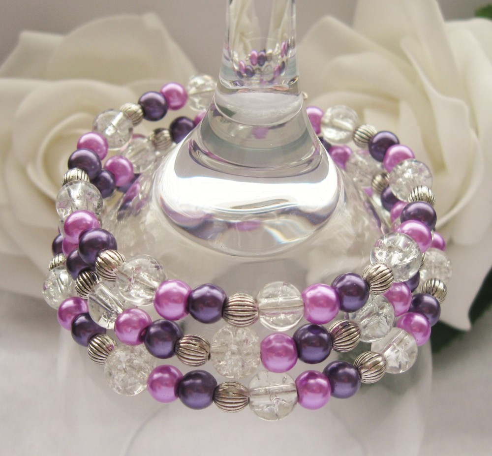 Purple Pearl Mix & Crystal Wrap Around Style Bracelet - CC1291