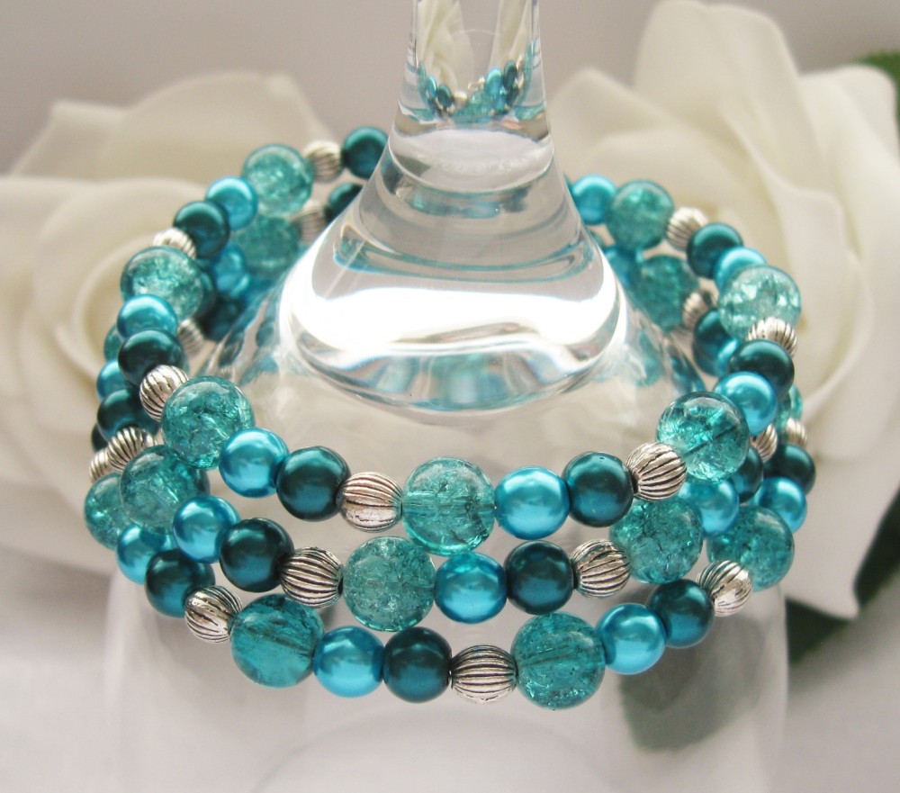 Turquoise & Teal Pearl & Crystal Wrap Around Style Bracelet - CC1294