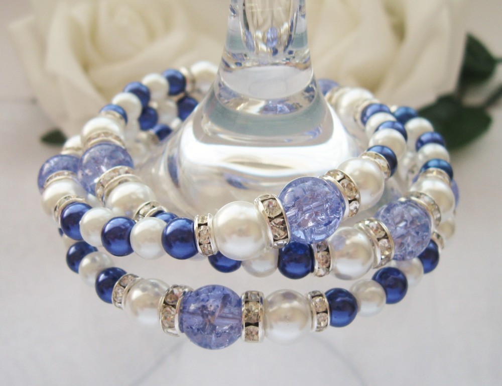 Blue & White Pearl and Crystal wrap around style bracelet - CC1295