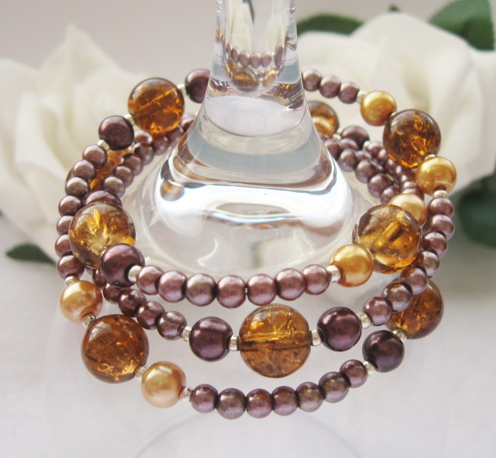 Golden Brown Pearl & Crystal Wrap Around Style Bracelet - CC1296