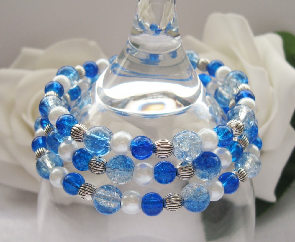 Blue & White Pearl & Crystal Wrap Around Style Bracelet - CC1297