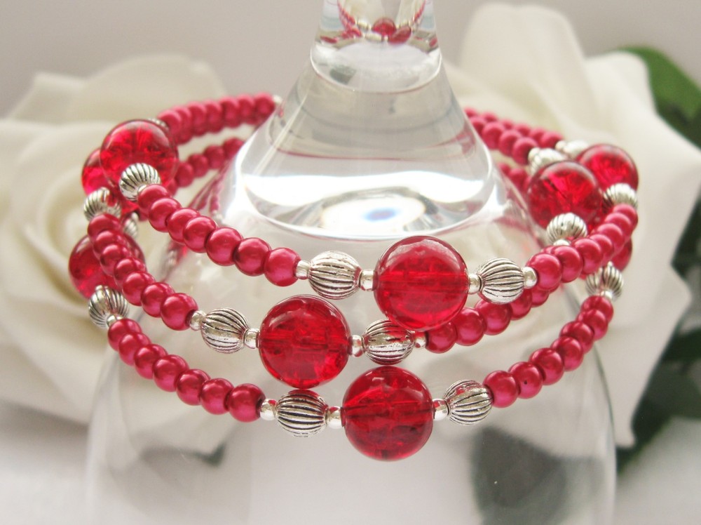 Red Pearl & Crystal Wrap Around Style Bracelet - CC1298