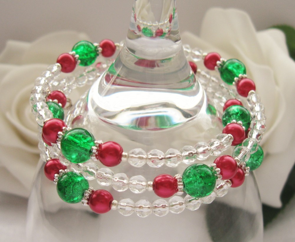Red and Green Pearl & Crystal Wrap Around Style Bracelet - CC1299
