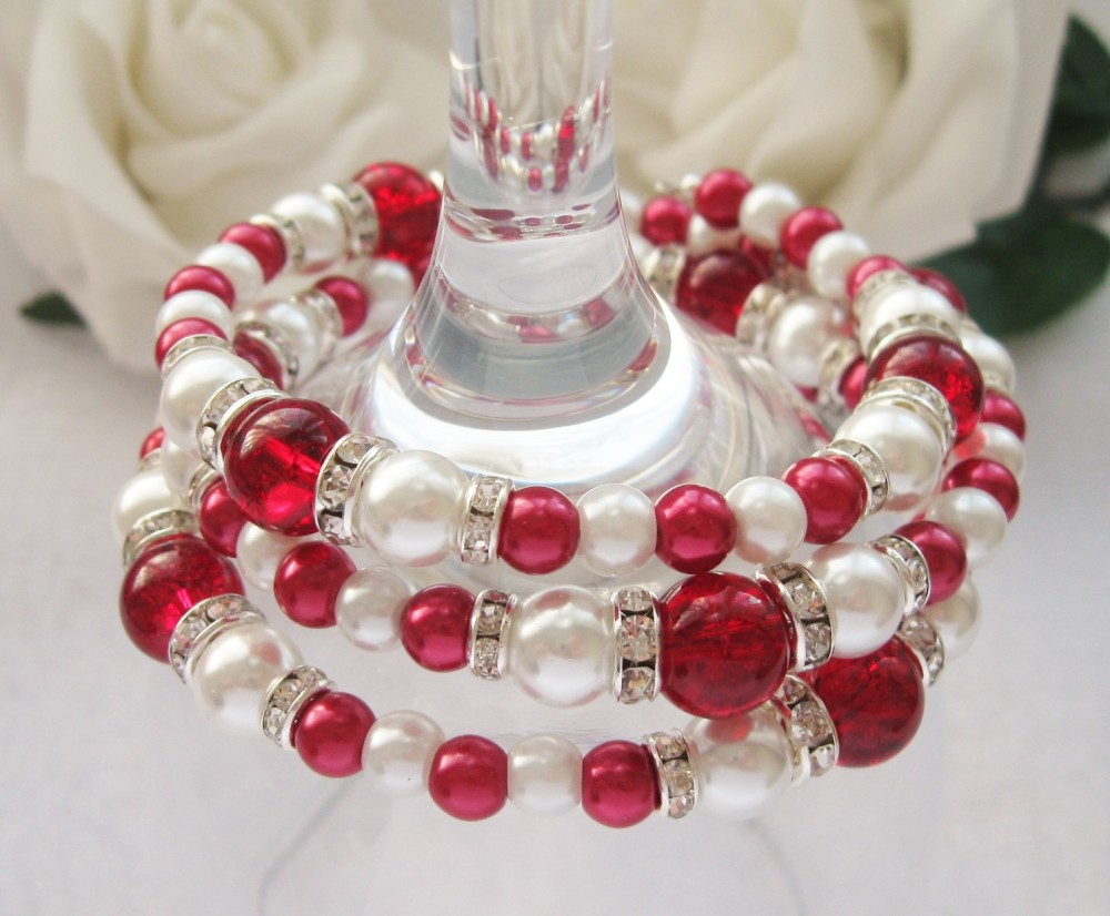 Red & White Pearl/Crystal wrap around style bracelet - CC1300