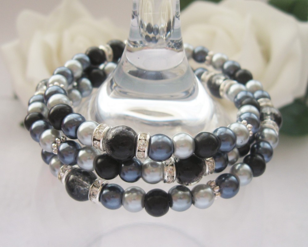 Black, Grey & Silver Pearl/Crystal wrap around style bracelet - CC1301