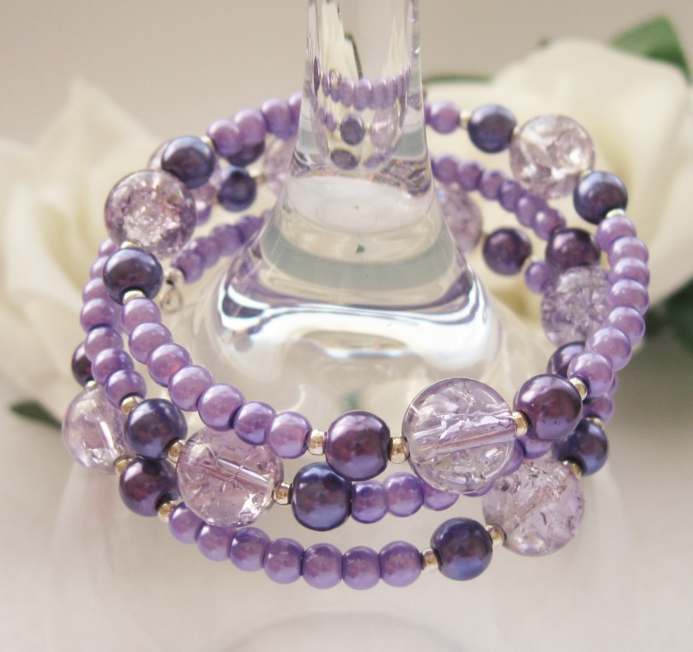 Purple Pearl & Crystal Wrap Around Style Bracelet - CC1302