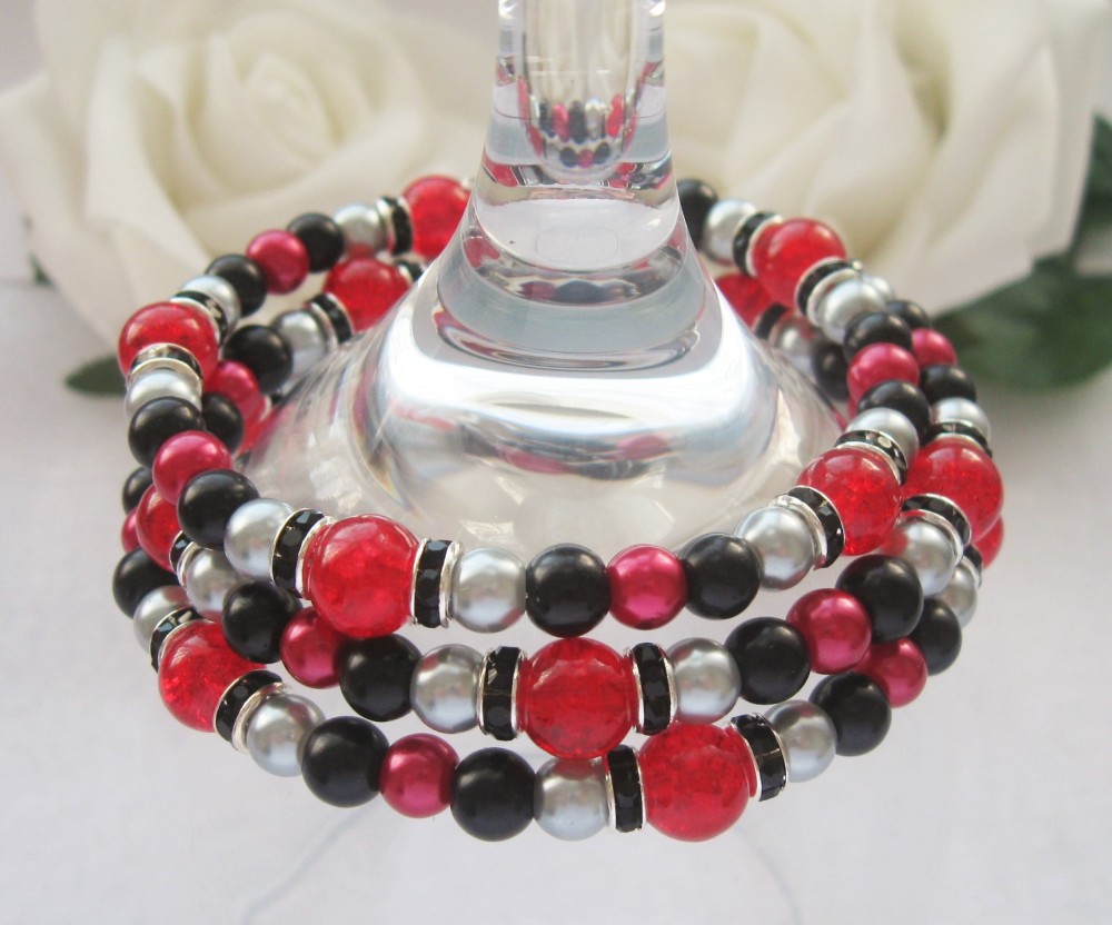 Red, Black & Silver Pearl & Crystal Wrap Around Style Bracelet - CC1303