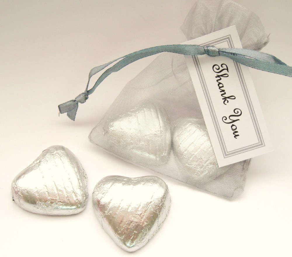 Silver Thank You Gift - 2 Chocolate Hearts in Organza Bag - CC1350