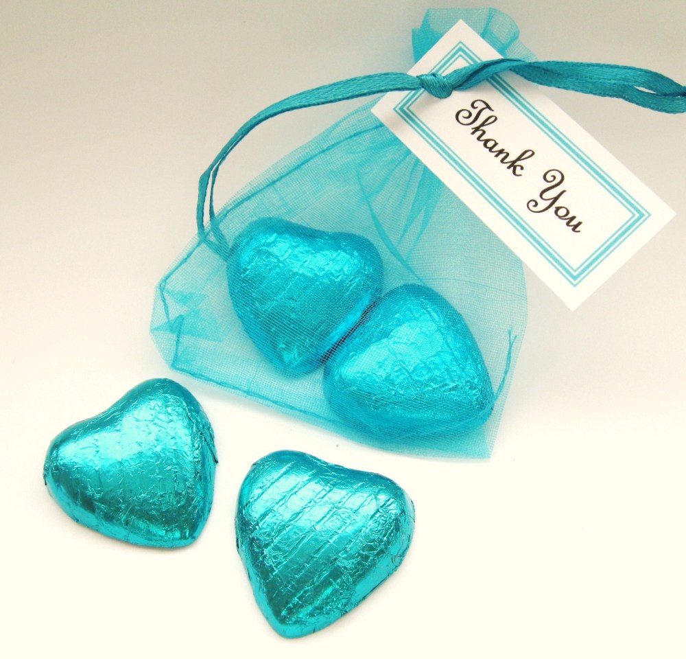 Turquoise Thank You Gift - 2 Chocolate Hearts in Organza Bag - CC1351