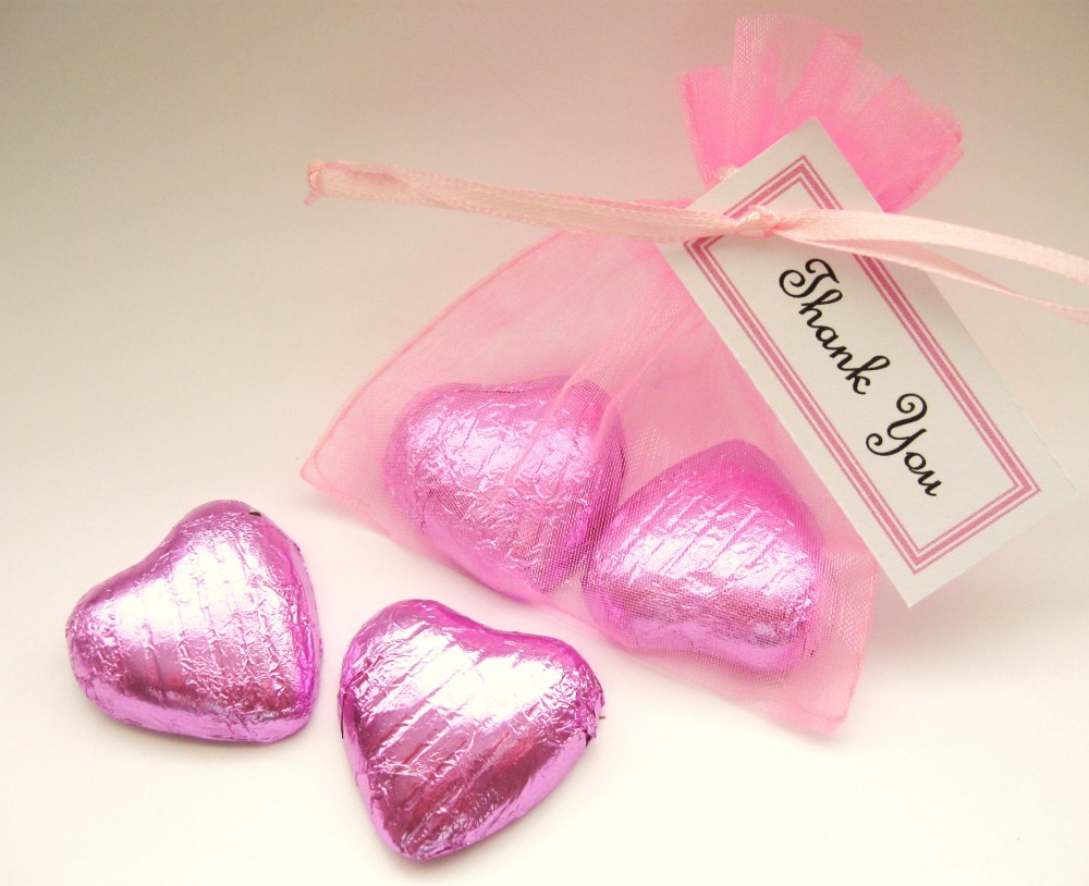 Baby Pink Thank You Gift - 2 Chocolate Hearts in Organza Bag - CC1352