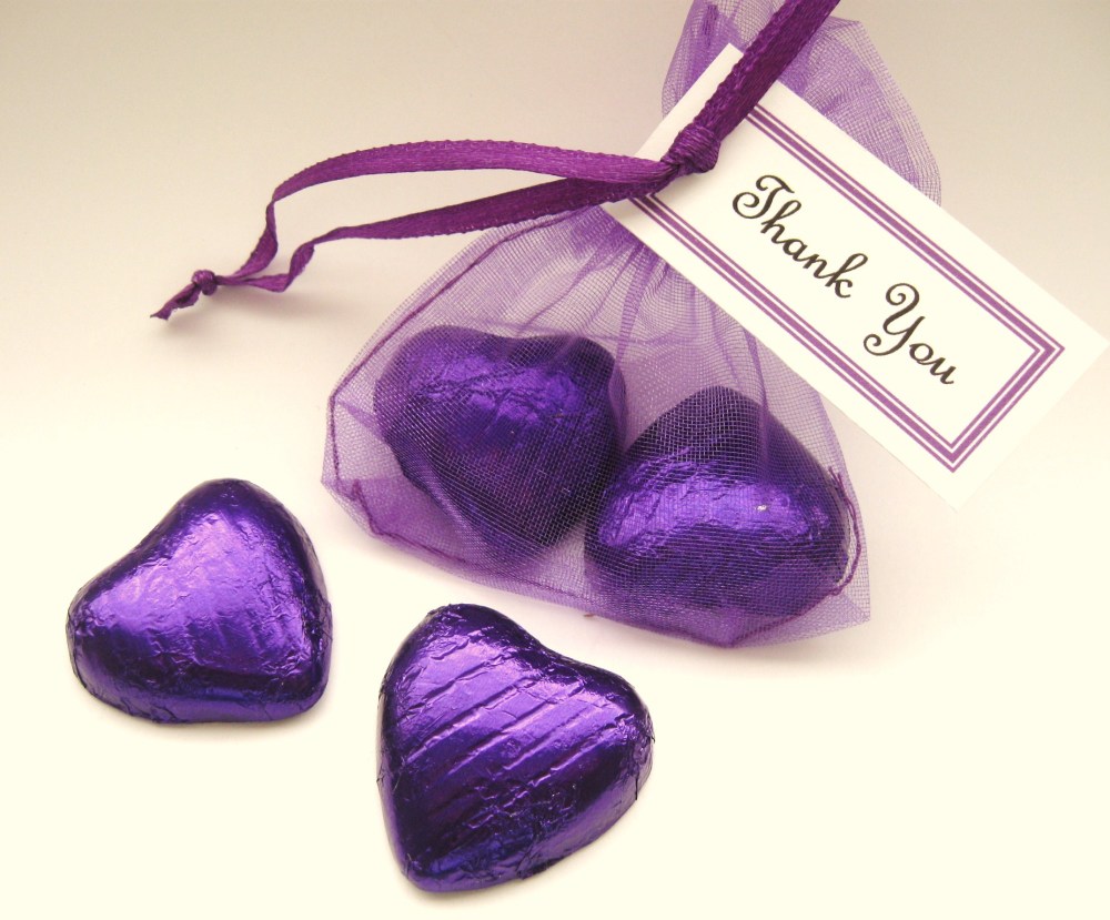 Purple Thank You Gift - 2 Chocolate Hearts in Organza Bag - CC1353