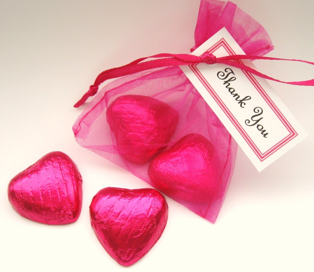 Hot Pink Thank You Gift - 2 Chocolate Hearts in Organza Bag - CC1354