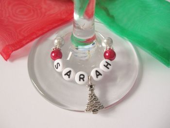 Christmas Theme White 'Name' Wine Glass Charm - CC1411 Pearl Bead