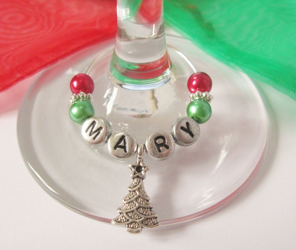 Christmas Theme Silver 'Name' Wine Glass Charm - CC1412 Pearl Bead
