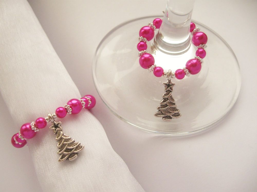 Pink Christmas Napkin Ring & Wine Glass Charm - CC1424