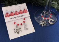 Snowflake & Rhinestone Initial Wine Glass Charm - Red
