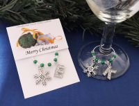 Snowflake & Rhinestone Initial Wine Glass Charm - Green