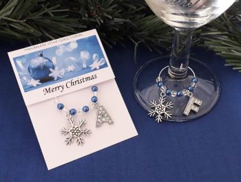 Snowflake & Rhinestone Initial Wine Glass Charm - Blue