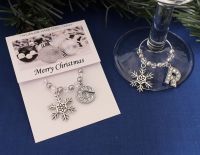 Snowflake & Rhinestone Initial Wine Glass Charm - Silver