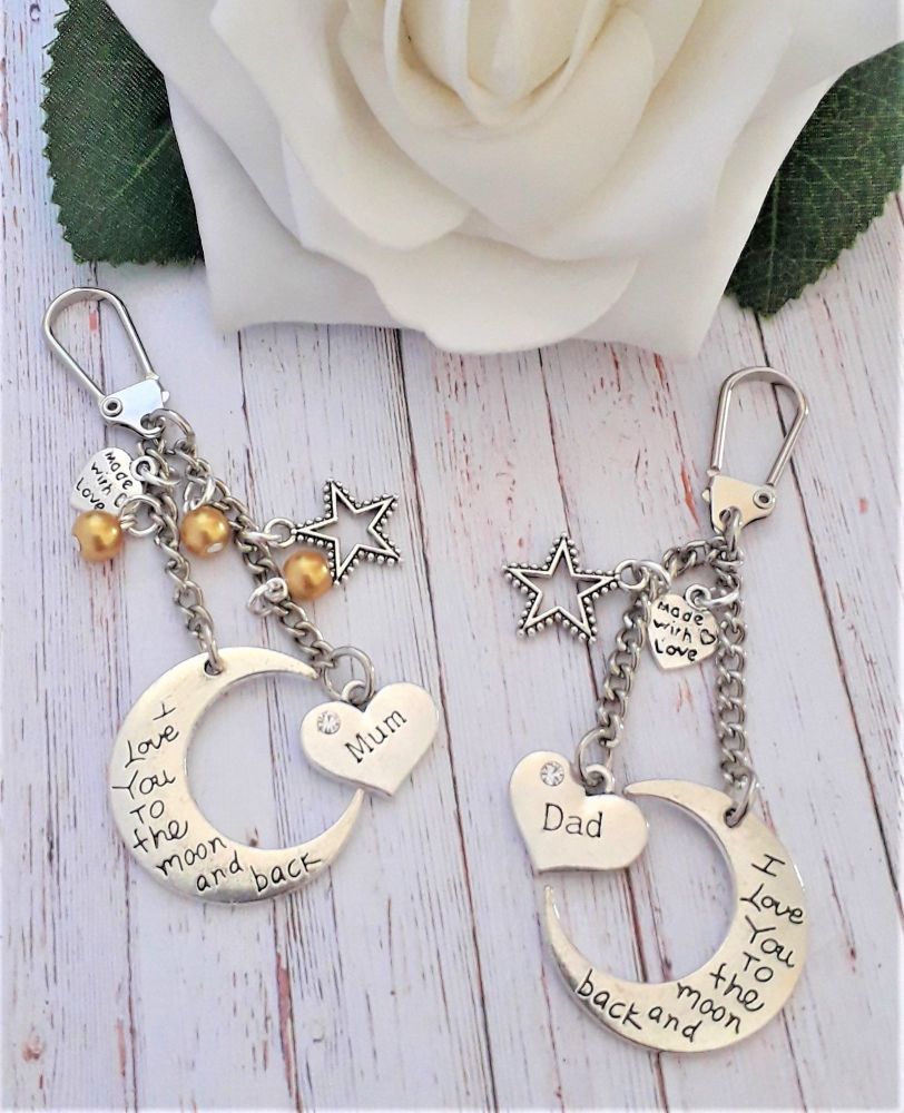 I Love You To The Moon and Back Bag Charm Keyring - Mum / Dad Gift