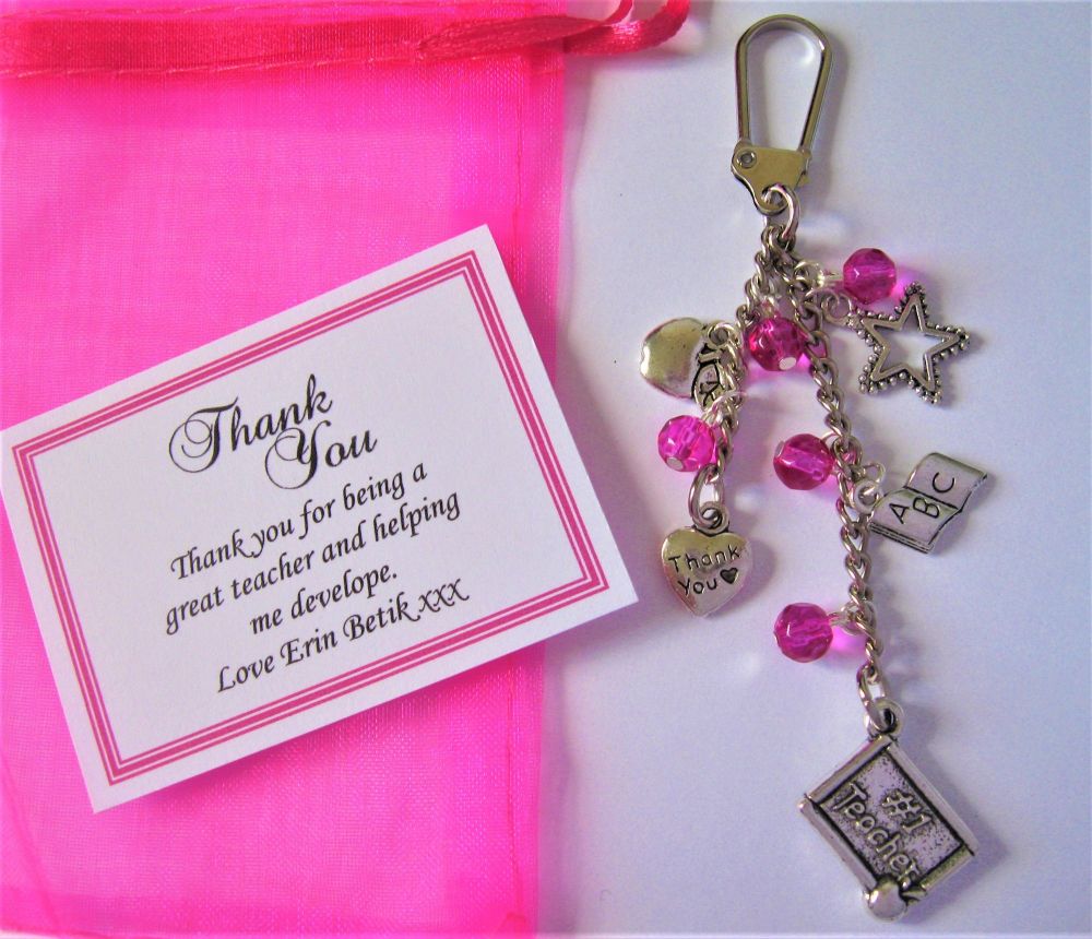 Pink Best Teacher Thank You Bag Charm Keyring