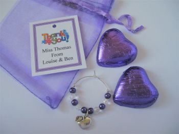 Purple Heart Chocolates & Apple Wine Glass Charm Gift Set - Teacher Thank you