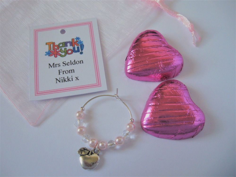 Baby Pink Heart Chocolates & Apple Wine Glass Charm Gift Set - Teacher Than