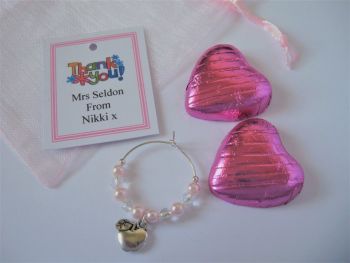 Baby Pink Heart Chocolates & Apple Wine Glass Charm Gift Set - Teacher Thank you