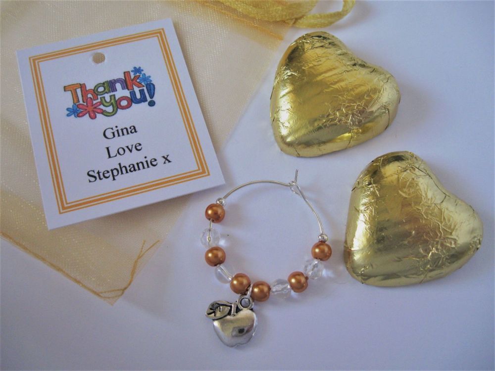 Gold Heart Chocolates & Apple Wine Glass Charm Gift Set - Teacher Thank you