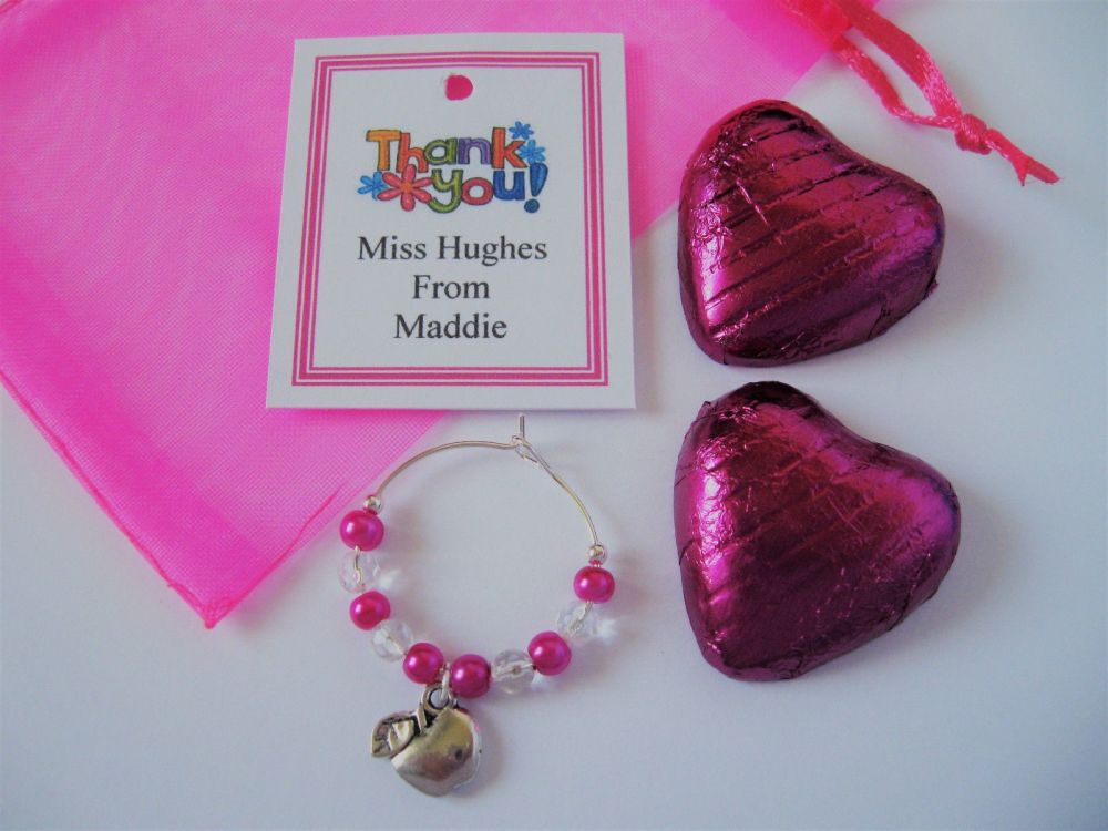 Hot Pink Heart Chocolates & Apple Wine Glass Charm Gift Set - Teacher Thank you