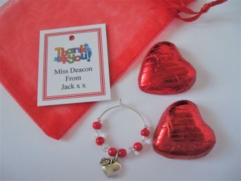 Red Heart Chocolates & Apple Wine Glass Charm Gift Set - Teacher Thank you