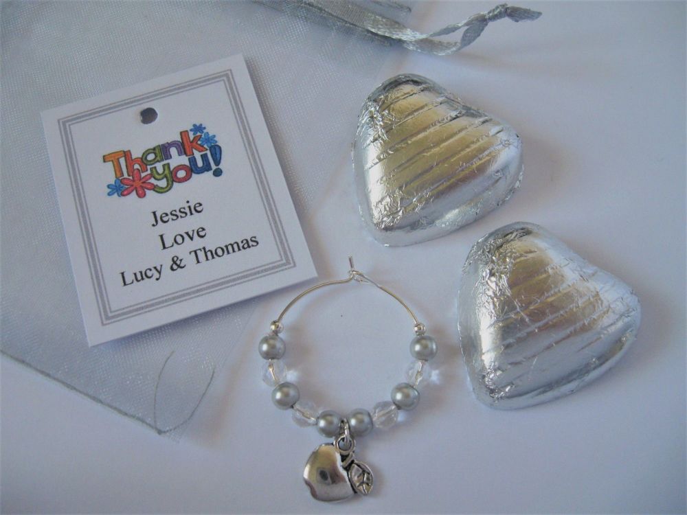 Silver Heart Chocolates & Apple Wine Glass Charm Gift Set - Teacher Thank y