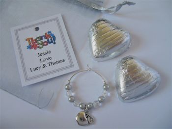 Silver Heart Chocolates & Apple Wine Glass Charm Gift Set - Teacher Thank you