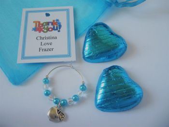 Turquoise Heart Chocolates & Apple Wine Glass Charm Gift Set - Teacher Thank you