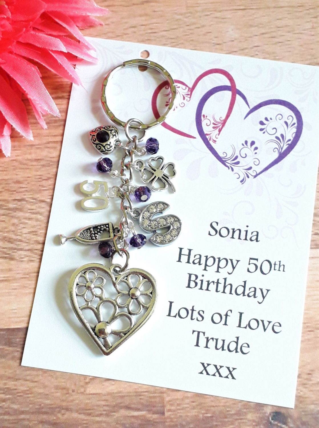 Purple Flower Heart Birthday Keyring 