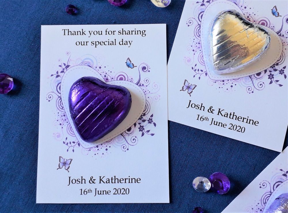 Floral Butterfly Design Chocolate Heart - Purple / Lilac / Silver