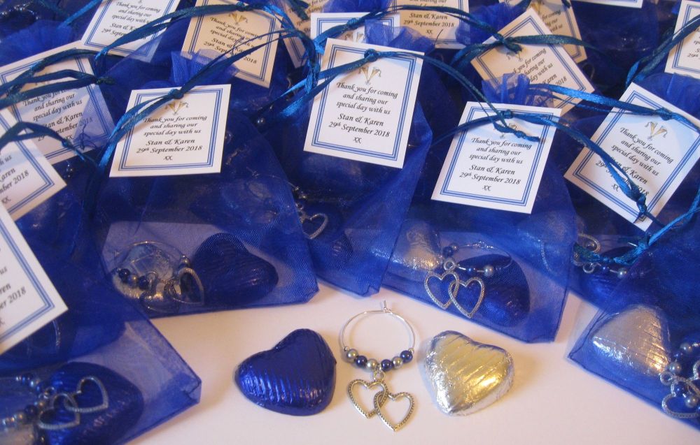 Royal Blue & Silver Wedding Favours - Chocolate Hearts and Wine Glass Charm