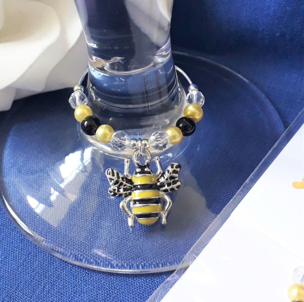 Meant To Bee  Wedding Favour - Wine Glass Charms - Yellow Card Design