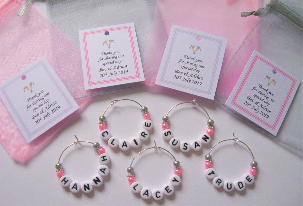 Silver & Baby Pink - Name Wine Glass Charms